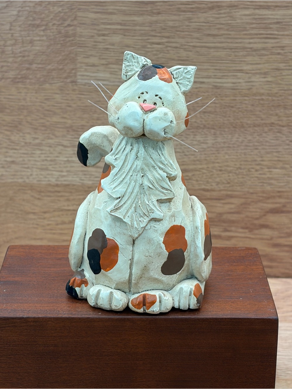 1990's Whimsical Folk Art Resin Wood Calico Cat Hand Painted